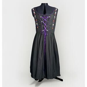 Dirndl World Sz 14 Embroidered Octoberfest Knee Dress Black Floral Corset Scandi